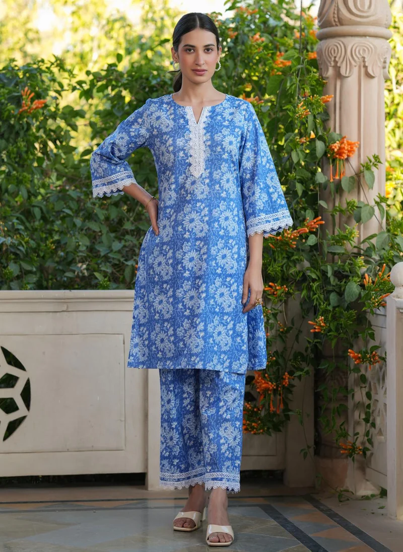 ZERESOUQ Blue Cotton All-Over Floral Straight Kurta & Pant Set
